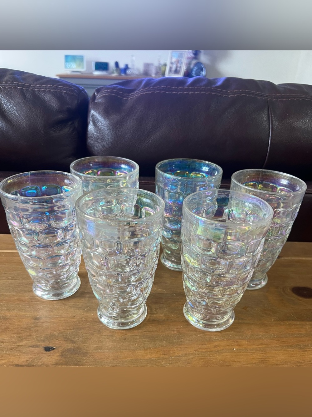 Vintage Federal glass iridescent thumbprint Colonial/ Yorktown pattern. Set of 7